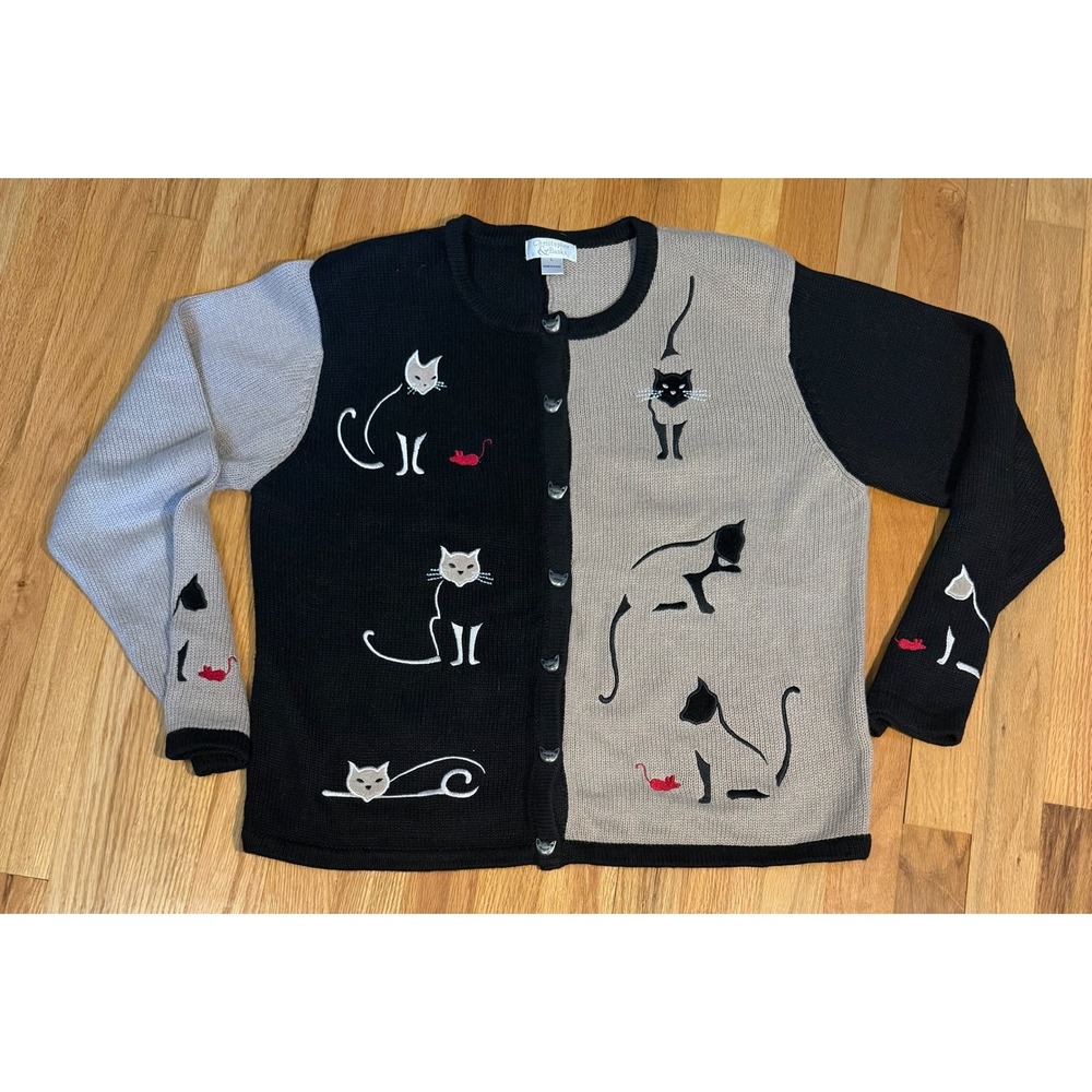 Christopher & Banks Cat Embroidered Colorblock Cardigan Sweater Black Tan Large